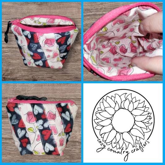 Hearts & Roses - Fabric Quilted Coin or Zipper Pouch